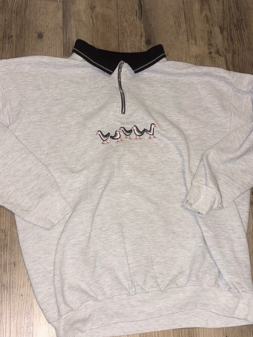 Women’s  Light Gray Quarter-Zip Pullover with Embroidered Geese
